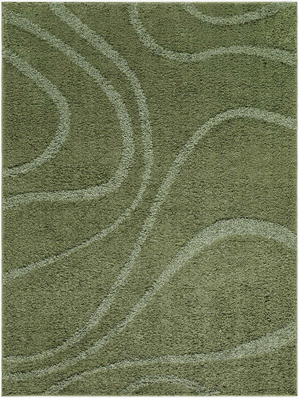 Close-up of green Horst Area Rug with a wavy, contemporary pattern. Soft texture. Design-Rectangle-537