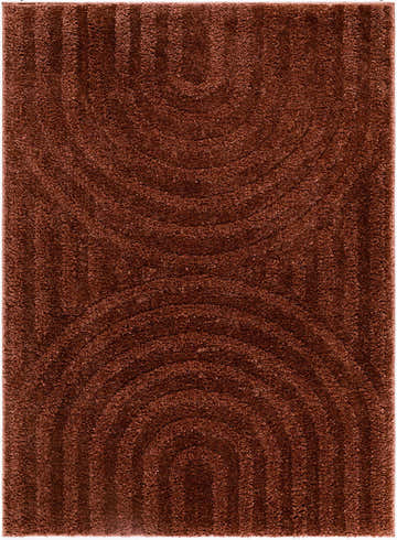 Close-up of the Arnel Area Rug, rust-colored with a subtle concentric circle pattern and soft, textured polyester pile. Design-Rectangle-537