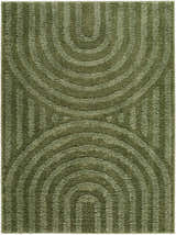Close-up of the Arnel Area Rug, featuring a contemporary green arched and striped pattern. Design-Rectangle-537