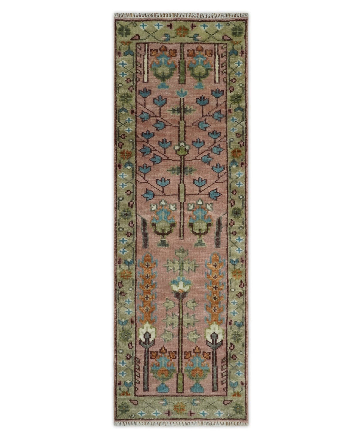 Ready to Ship Pink, Olive and Beige Traditional Vintage Style Tree Wool Rug