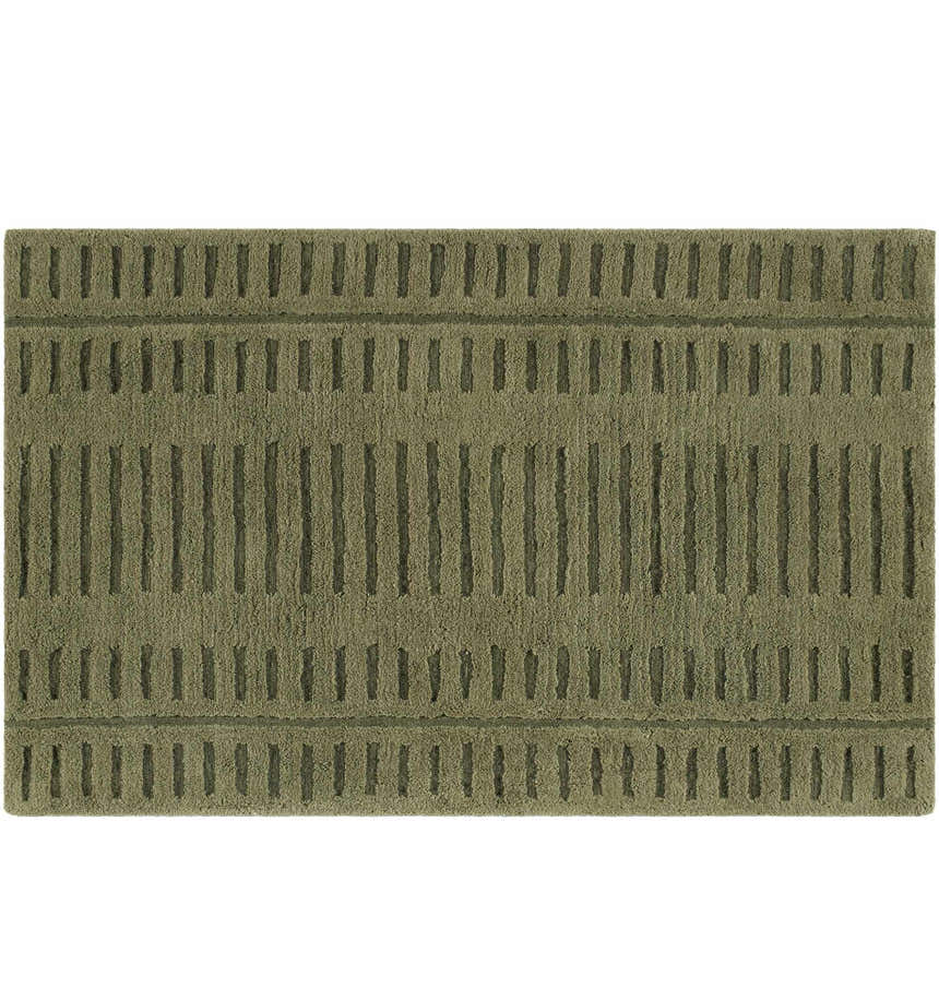 Close-up of a green Washable Wool Rug. Hand-tufted rug with a contemporary vertical stripe pattern in dark brown, prairie dust, and taupe. Design-Rectangle