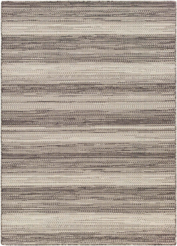 Close-up of Kris Black Area Rug showing horizontal stripes in beachhouse, dark gray, and multi brown colors. Design-Rectangle-517