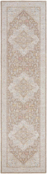 Close-up of the Roni Traditional Thick Luxe Turkish Rug, featuring amber, brown, and dusty pink tones in a classic, ornate pattern. Design-Runner-2710