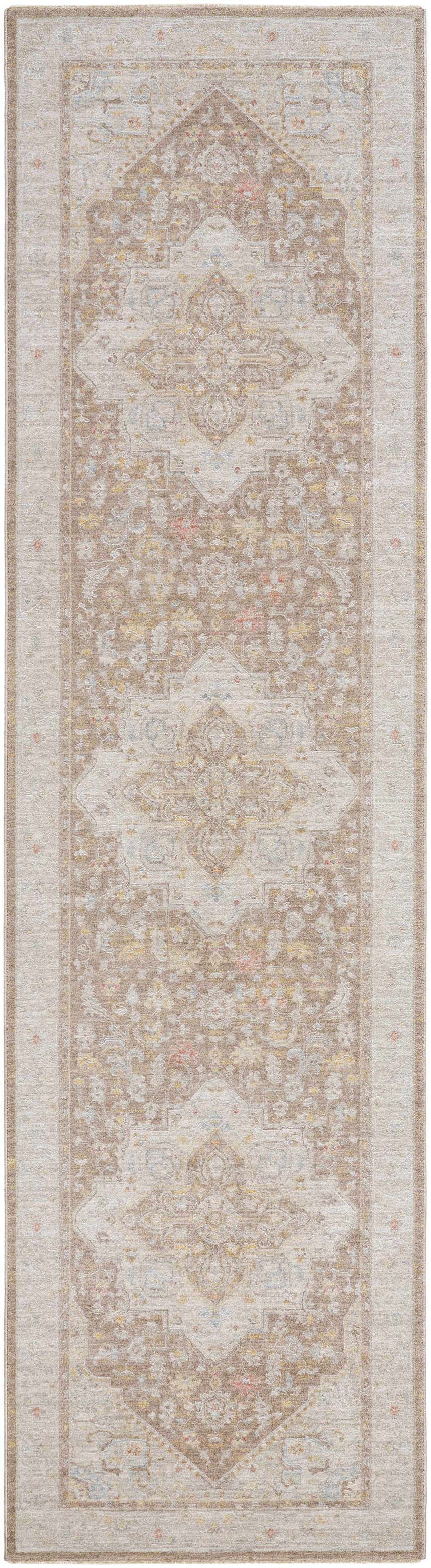 Close-up of the Roni Traditional Thick Luxe Turkish Rug, featuring amber, brown, and dusty pink tones in a classic, ornate pattern. Design-Runner-2710