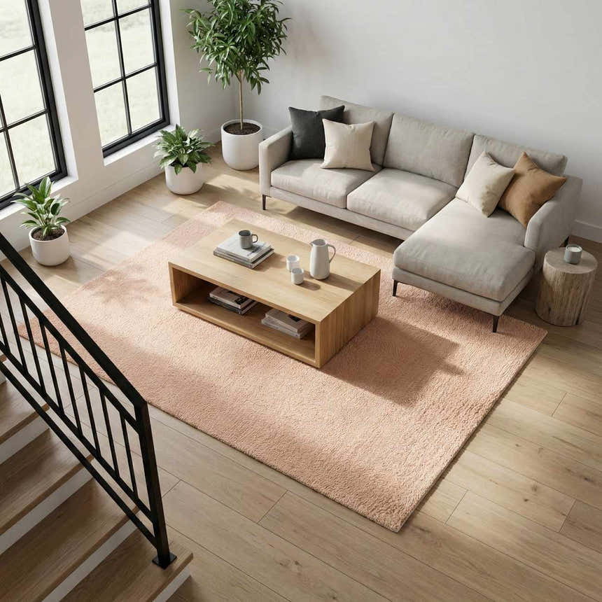 Living room with blush pink Kanuha Washable Area Rug, light wood floors, gray sofa, and modern coffee table. Roomscene-Rectangle