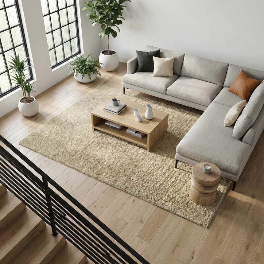 Living room scene with a beige Kanuha Washable Area Rug, light gray sectional sofa, wood coffee table, and indoor plants. Roomscene-Rectangle