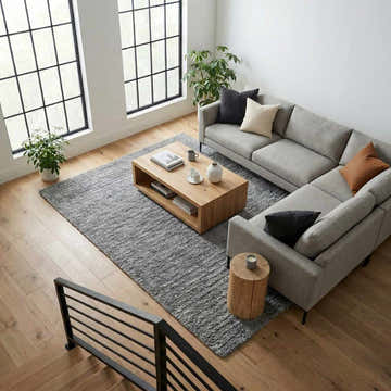 Contemporary living room with gray sectional and Kanuha Washable Area Rug in charcoal, silver gray, and steel gray. Roomscene-Rectangle