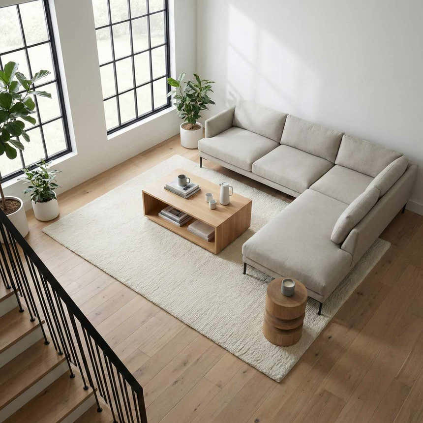 Modern living room with ivory Kanuha Washable Area Rug, light wood floors, sectional sofa, and large windows. Roomscene-Rectangle
