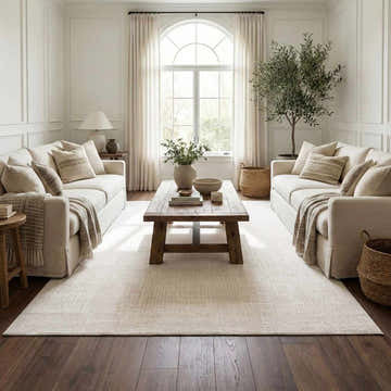 Living room with two sofas and a Leanna Cream Washable Area Rug on dark wood floors. Neutral color palette. Roomscene-Rectangle