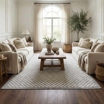 Living room with two sofas and a Gaiwan Cream Gray Washable Area Rug featuring a checkerboard pattern. Roomscene-Rectangle