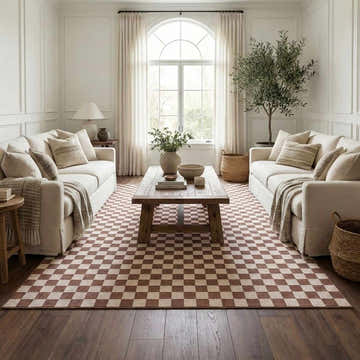 Living room scene with Kaysar Brown Checkered Washable Area Rug, white sofas, wood coffee table, and neutral decor. Roomscene-Rectangle