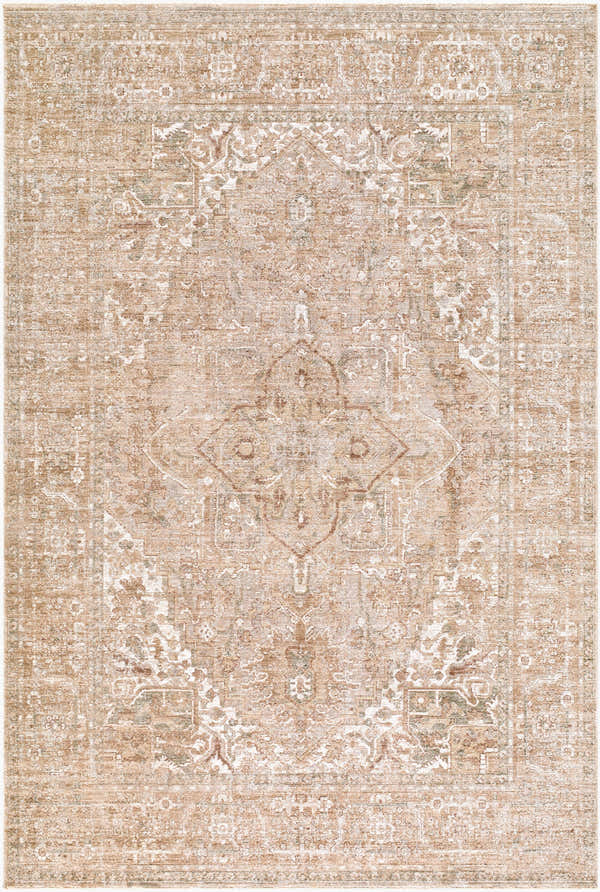 Close-up of The Vintage Edit II Rachel Zoe x LIVABLISS RZDT-2300 Rug. Beige, ivory, and olive traditional pattern. Design-Rectangle-6796