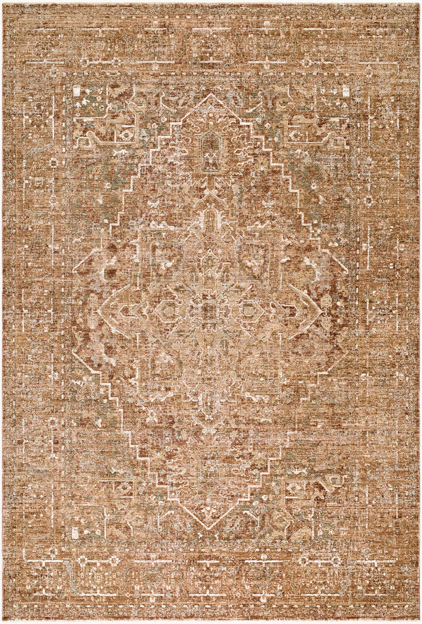 Close-up of The Vintage Edit II RZDT-2301 rug. Chestnut, ivory, sage, and sandstone colors with a traditional design. Design-Rectangle-6796