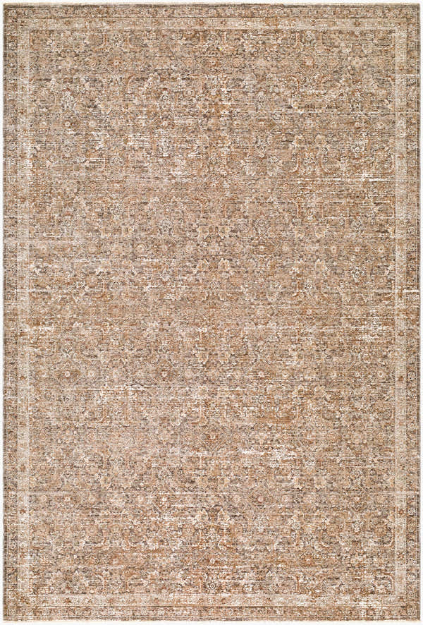 Close-up of the Vintage Edit II Rachel Zoe x LIVABLISS RZDT-2305 area rug. Beige, chestnut, ivory, and taupe traditional pattern. Design-Rectangle-6796
