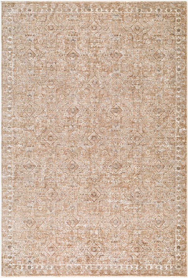 Close-up of the Vintage Edit II Rachel Zoe x LIVABLISS RZDT-2306 Area Rug. Beige, ivory, and sandstone tones with a traditional pattern. Design-Rectangle-6796