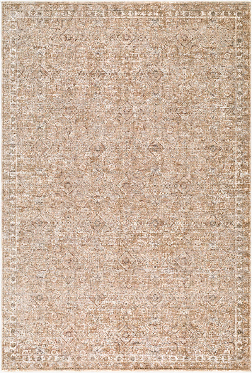 Close-up of the Vintage Edit II Rachel Zoe x LIVABLISS RZDT-2306 Area Rug. Beige, ivory, and sandstone tones with a traditional pattern. Design-Rectangle-6796