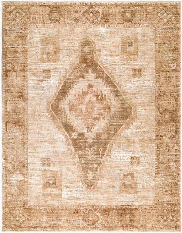 Close-up of Vintage Edit II Rachel Zoe x LIVABLISS RZDT-2307 rug. Beige, chestnut, and ivory traditional diamond pattern. Design-Rectangle-6796