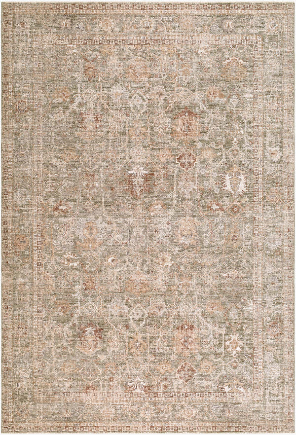 Close-up of Vintage Edit II Rachel Zoe x LIVABLISS RZDT-2310 rug. Antique ivory, terracotta, sage, and taupe traditional pattern. Design-Rectangle-6796