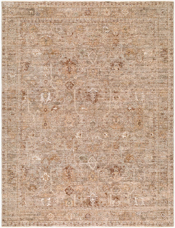 Close-up of the Vintage Edit II Rachel Zoe x LIVABLISS RZDT-2311 Area Rug. Beige, chestnut, and ivory traditional pattern. Design-Rectangle-6796