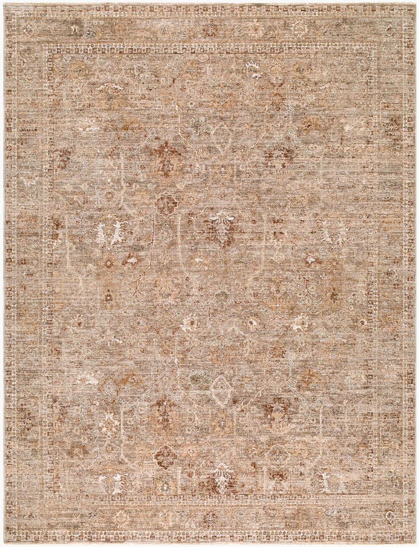 Close-up of the Vintage Edit II Rachel Zoe x LIVABLISS RZDT-2311 Area Rug. Beige, chestnut, and ivory traditional pattern. Design-Rectangle-6796