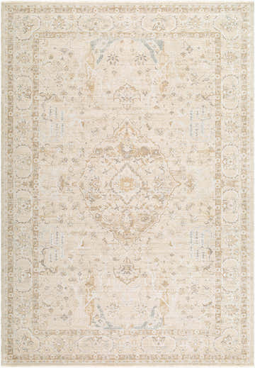 Close-up of the Vintage Edit Rachel Zoe x LIVABLISS RZVE-2300 Area Rug. Beige, cream, and gray traditional floral pattern. Design-Rectangle-6796