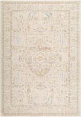 Beige Zudea rug. Machine-woven polyester area rug with a traditional medallion pattern in cream, tan, and sage. Design-Rectangle-6796