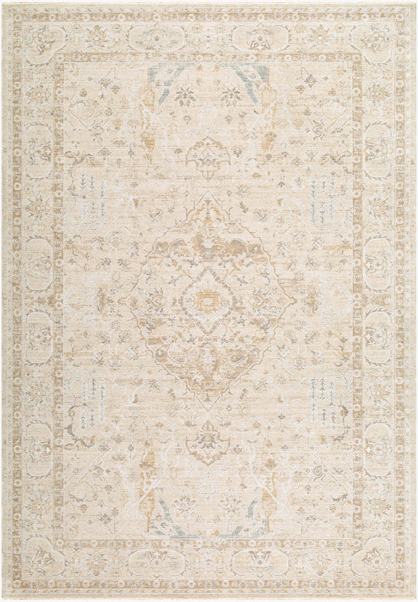 Beige Zudea rug. Machine-woven polyester area rug with a traditional medallion pattern in cream, tan, and sage. Design-Rectangle-6796