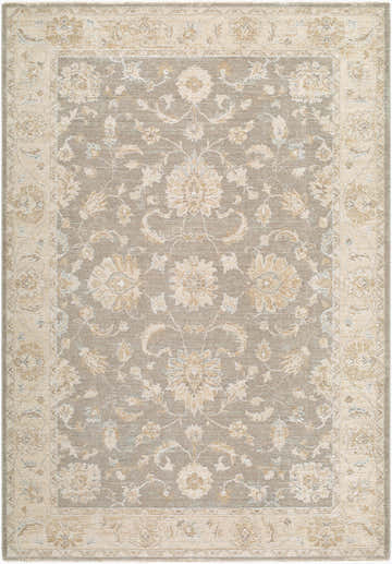 Close-up of the Vintage Edit Rachel Zoe x LIVABLISS RZVE-2302 Area Rug. Beige, cream, gray, and sage floral pattern. Design-Rectangle-6796