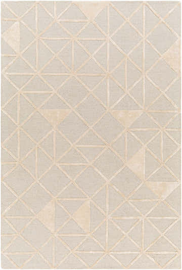 Close-up of the Botiu Blue Geometric rug, a hand-tufted wool rug with light gray and pale peach tones and a modern triangle pattern. Design-Rectangle-576