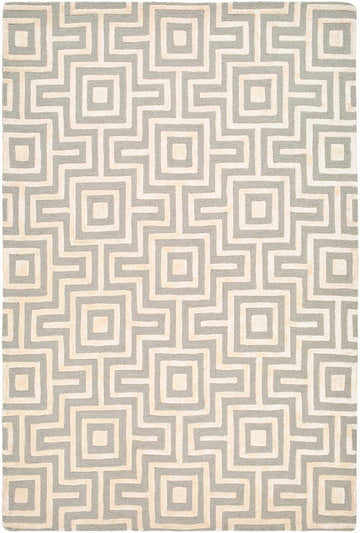 Close-up of the Fynn Beige Area Rug featuring a geometric maze pattern in beige and gray hues. Hand-tufted wool and viscose rug. Design-Rectangle-576