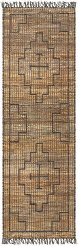 Close-up of the Licha Jute Rug. Hand-woven rug in camel and taupe with a geometric pattern and fringed edges. Design-Runner-268