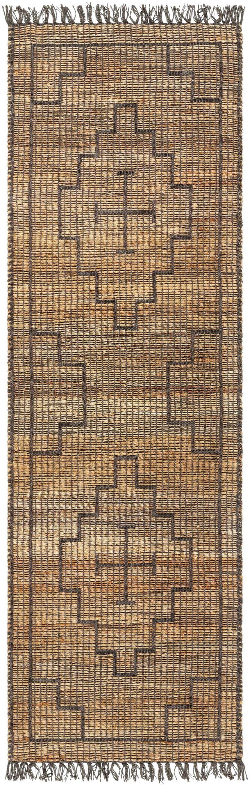 Close-up of the Licha Jute Rug. Hand-woven rug in camel and taupe with a geometric pattern and fringed edges. Design-Runner-268