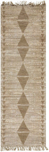 Close-up of the Marie Jute Rug. Hand-woven runner rug in ash and khaki with a diamond pattern and fringed edges. Farmhouse style. Design-Runner-268