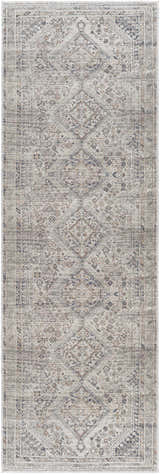 Close-up of the Barny Beige Flat Pile Washable Rug, showcasing its traditional farmhouse pattern in ivory, gray, and slate blue. Design-Runner-27710