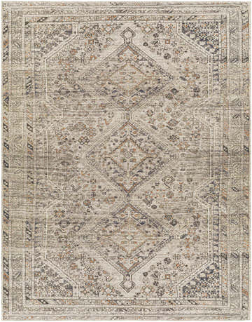 Close-up of the Barny Beige Flat Pile Washable Rug featuring a traditional diamond pattern in beige, black, gray, and orange hues. Design-Rectangle-5373