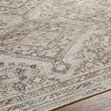 Close-up of the Barny Beige Flat Pile Washable Rug showing its traditional design, beige color, and flat weave texture. Texture