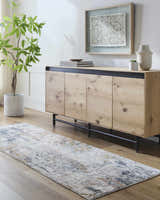 Entryway with wood floors, console table, and a beige and bone Kirsi Area Rug runner. Roomscene-Runner