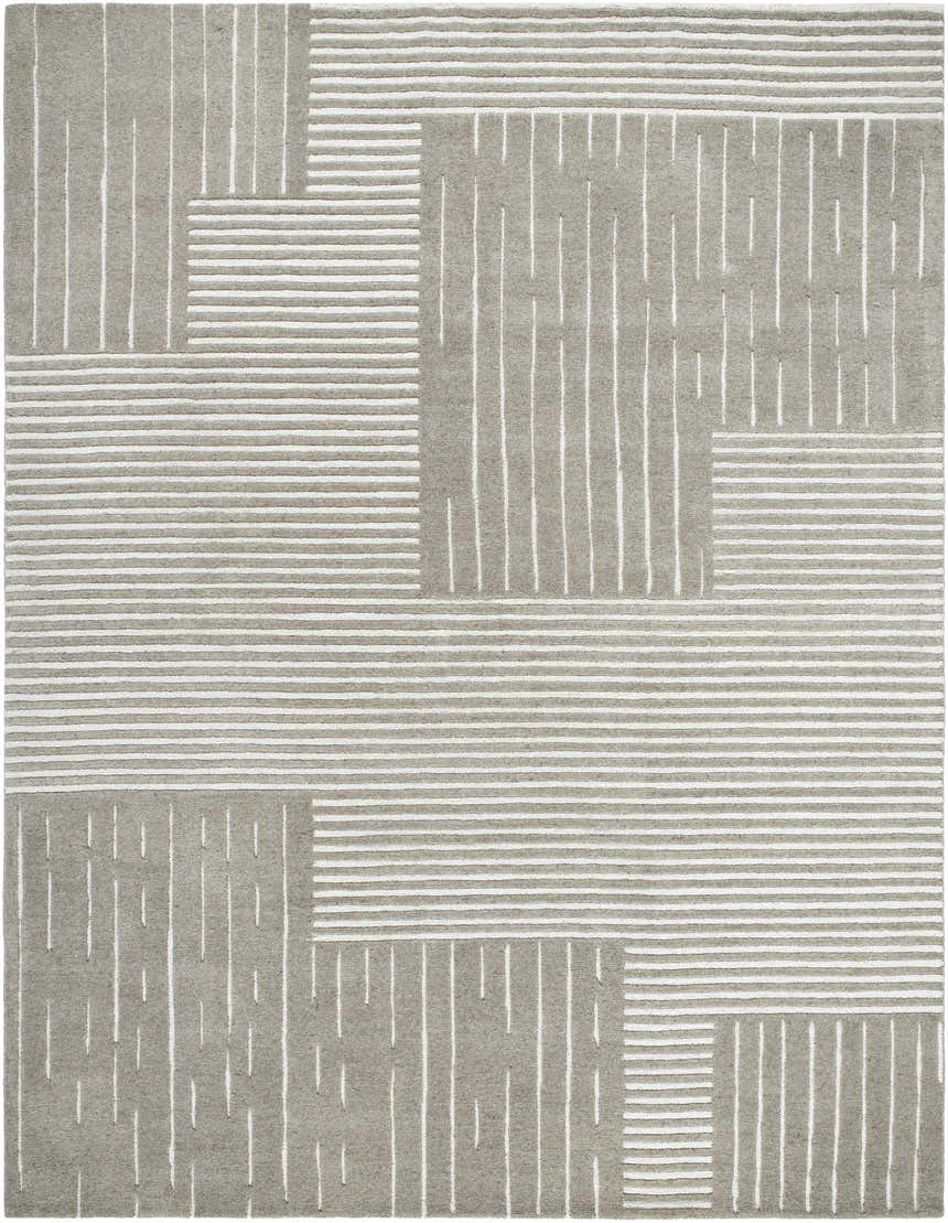 Close-up of the Akuji Area Rug. Contemporary design with gray and white stripes and bars. Hand-tufted wool texture. Design-Rectangle-71010