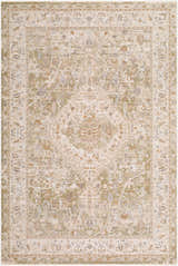 Close-up of the Khayri Area Rug. Beige, cream, gray, olive, and tan tones with a traditional, floral-inspired pattern. Design-Rectangle-575