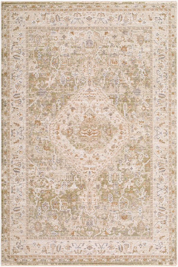 Close-up of the Khayri Area Rug. Beige, cream, gray, olive, and tan tones with a traditional, floral-inspired pattern. Design-Rectangle-575