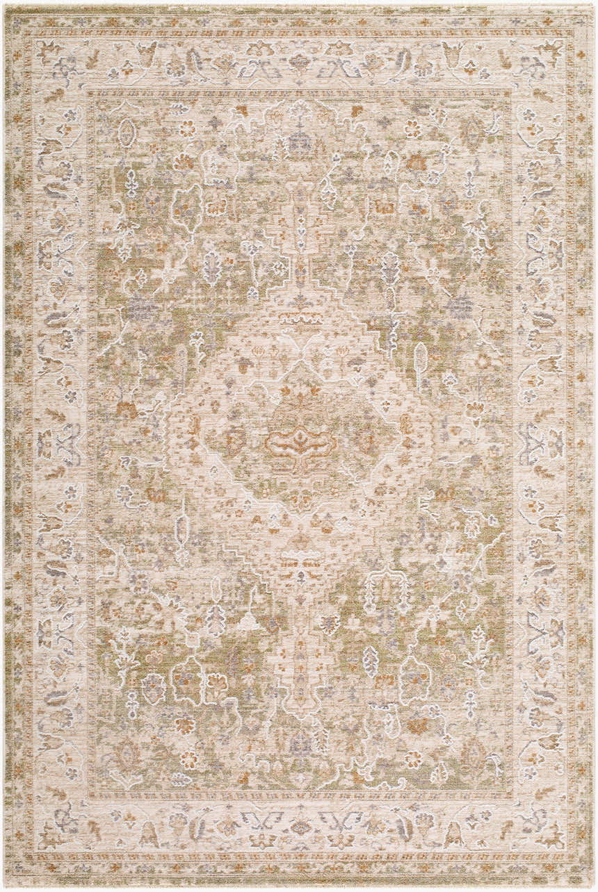 Close-up of the Khayri Area Rug. Beige, cream, gray, olive, and tan tones with a traditional, floral-inspired pattern. Design-Rectangle-575