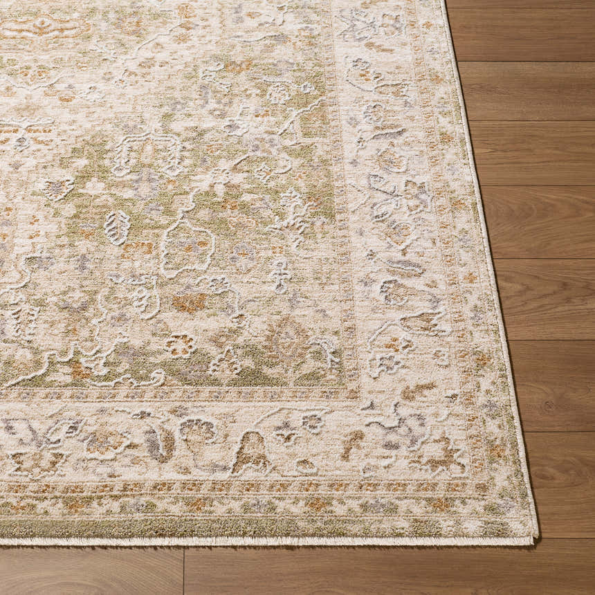 Close up of the Khayri Area Rug showing beige, cream, gray, olive and tan colors with a traditional pattern on wood floor. Front