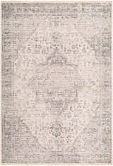 Close-up of the Jaru Gray Vintage Medallion Area Rug. Beige rug with gray, cream, and light gray vintage medallion pattern. Design-Rectangle-575