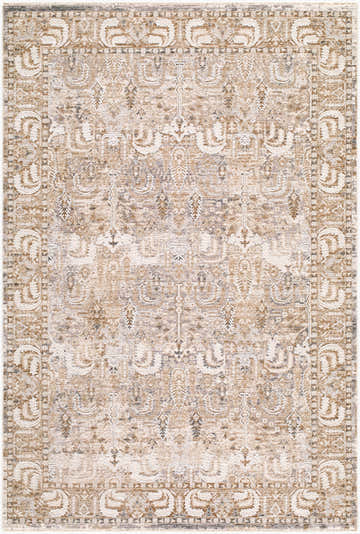 Close-up of the Karsen Area Rug showcasing its traditional beige, cream, and gray floral pattern and soft polyester texture. Design-Rectangle-575