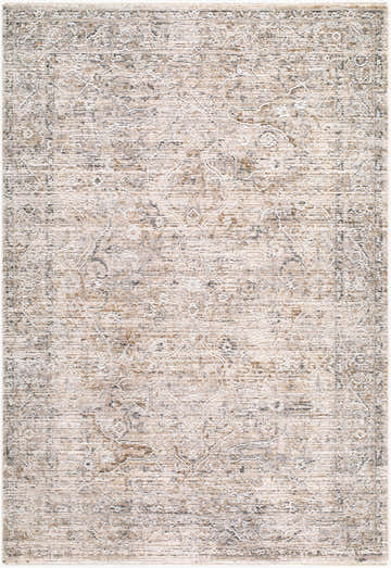 Close-up of the Pinee Light Gray Persian rug. Machine woven polyester rug with beige, cream, and gray traditional pattern. Design-Rectangle-575
