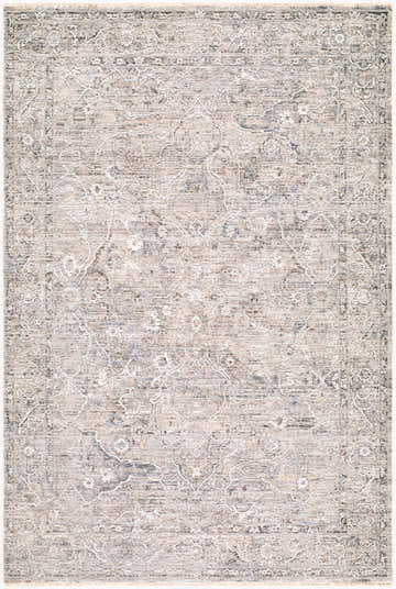Close-up of the Fadii Light Gray Persian Area Rug. Beige, charcoal, and cream floral pattern on soft polyester. Design-Rectangle-575