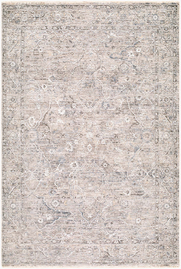 Close-up of the Fadii Light Gray Persian Area Rug. Beige, charcoal, and cream floral pattern on soft polyester. Design-Rectangle-575