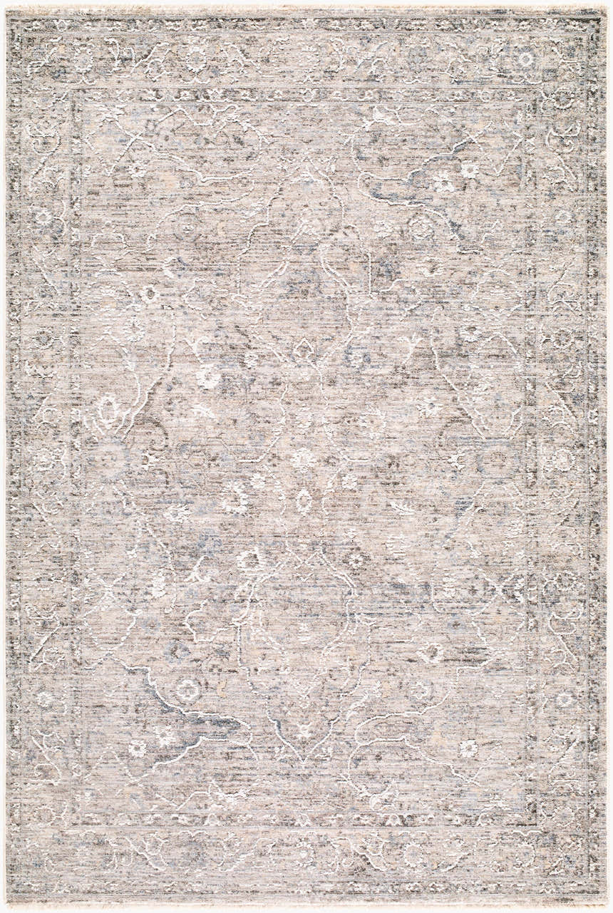 Close-up of the Fadii Light Gray Persian Area Rug. Beige, charcoal, and cream floral pattern on soft polyester. Design-Rectangle-575