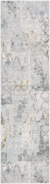 Close-up of the Adlai Textured Rug with Fringes. Contemporary design in dusty sage, ink blue, and light gray hues. Design-Runner-2710