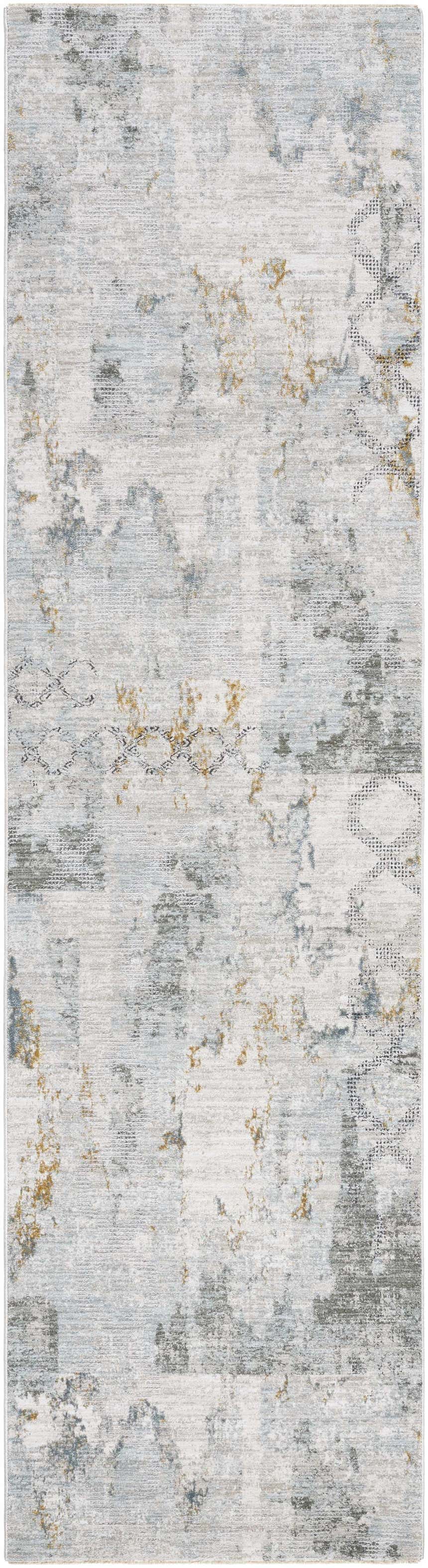 Close-up of the Adlai Textured Rug with Fringes. Contemporary design in dusty sage, ink blue, and light gray hues. Design-Runner-2710